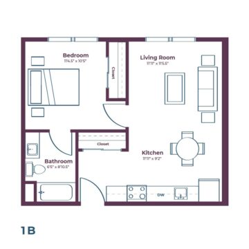 Rendering of the 1B floor plan layout
