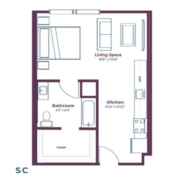 Rendering of the SC floor plan with a Studio bedroom and 1 bathroom[s] at Notable