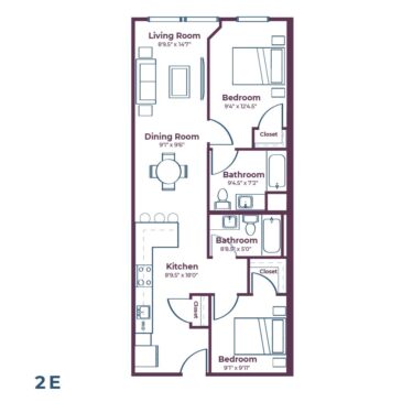 Rendering of the 2E floor plan with 2 bedroom[s] and 2 bathroom[s] at Notable