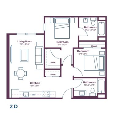 Rendering of the 2D floor plan with 2 bedroom[s] and 2 bathroom[s] at Notable