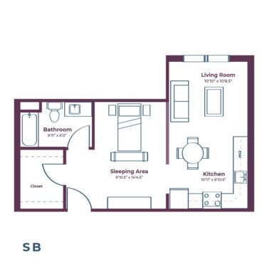 Rendering of the SB floor plan with a Studio bedroom and 1 bathroom[s] at Notable