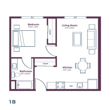 Rendering of the 1B floor plan with 1 bedroom[s] and 1 bathroom[s] at Notable