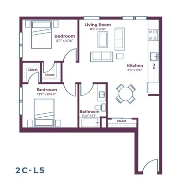 Rendering of the 2C-L5 floor plan with 2 bedroom[s] and 1 bathroom[s] at Notable