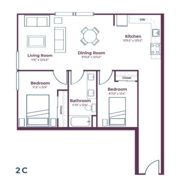 Rendering of the 2C floor plan with 2 bedroom[s] and 1 bathroom[s] at Notable