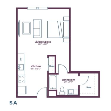 Rendering of the SA floor plan with a Studio bedroom and 1 bathroom[s] at Notable