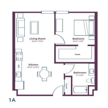 Rendering of the 1A floor plan with 1 bedroom[s] and 1 bathroom[s] at Notable