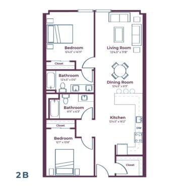 Rendering of the 2B floor plan with 2 bedroom[s] and 2 bathroom[s] at Notable