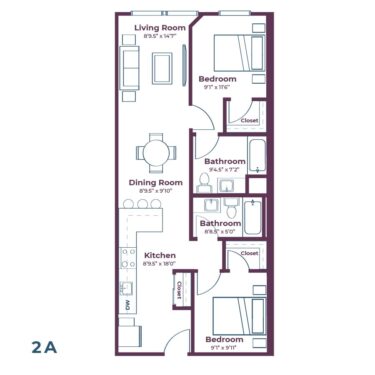 Rendering of the 2A floor plan with 2 bedroom[s] and 2 bathroom[s] at Notable