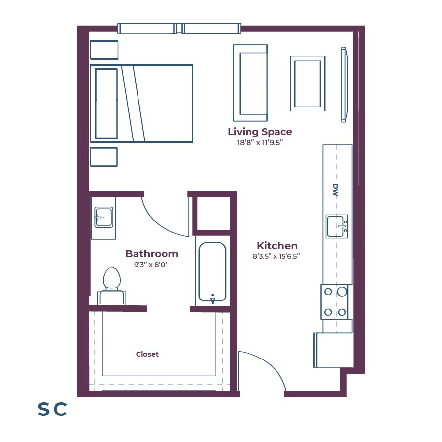 Rendering of the SC floor plan with a Studio bedroom and 1 bathroom[s] at Notable