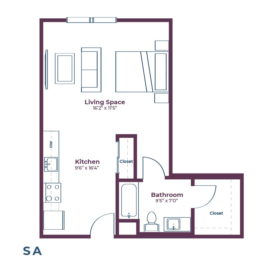 Rendering of the SA floor plan with a Studio bedroom and 1 bathroom[s] at Notable