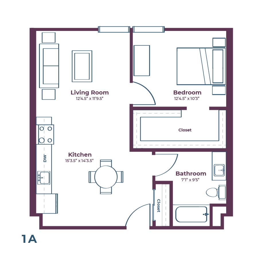 Rendering of the 1A floor plan with 1 bedroom[s] and 1 bathroom[s] at Notable