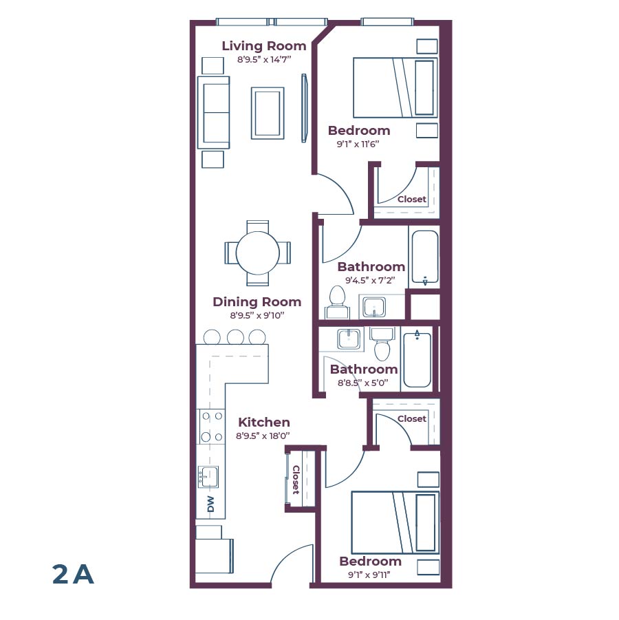 Rendering of the 2A floor plan with 2 bedroom[s] and 2 bathroom[s] at Notable