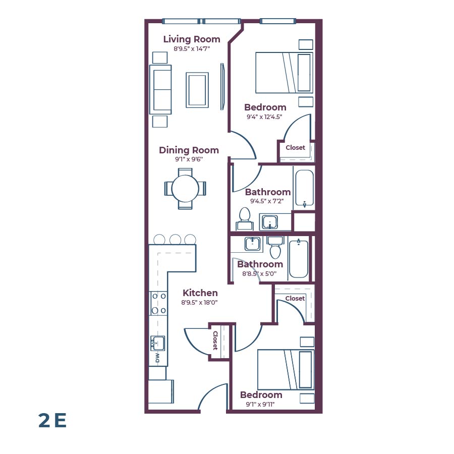 Rendering of the 2E floor plan with 2 bedroom[s] and 2 bathroom[s] at Notable