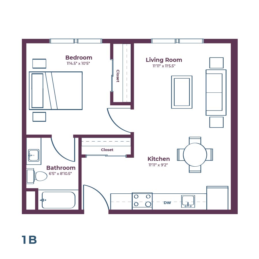 Rendering of the 1B floor plan with 1 bedroom[s] and 1 bathroom[s] at Notable