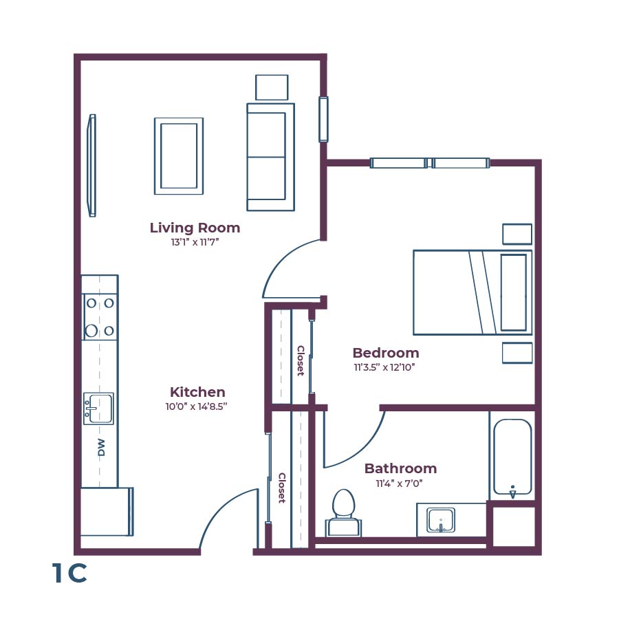 Rendering of the 1C floor plan with 1 bedroom[s] and 1 bathroom[s] at Notable