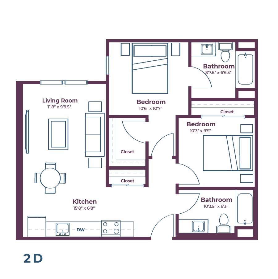 Rendering of the 2D floor plan with 2 bedroom[s] and 2 bathroom[s] at Notable