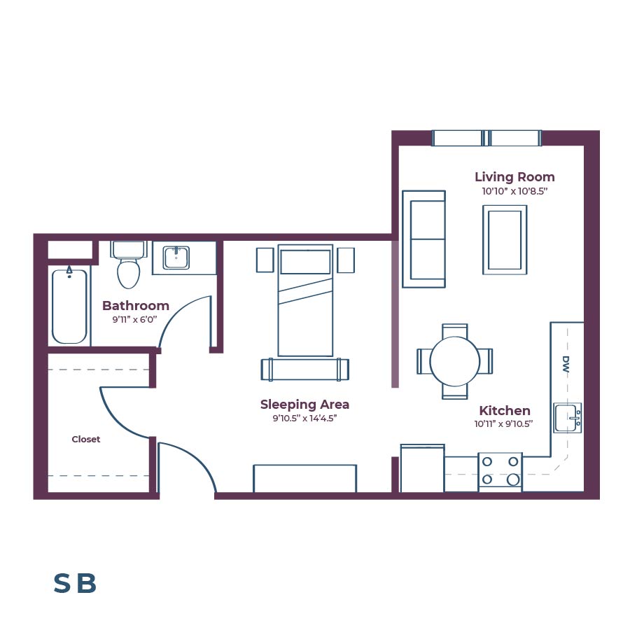 Rendering of the SB floor plan with a Studio bedroom and 1 bathroom[s] at Notable