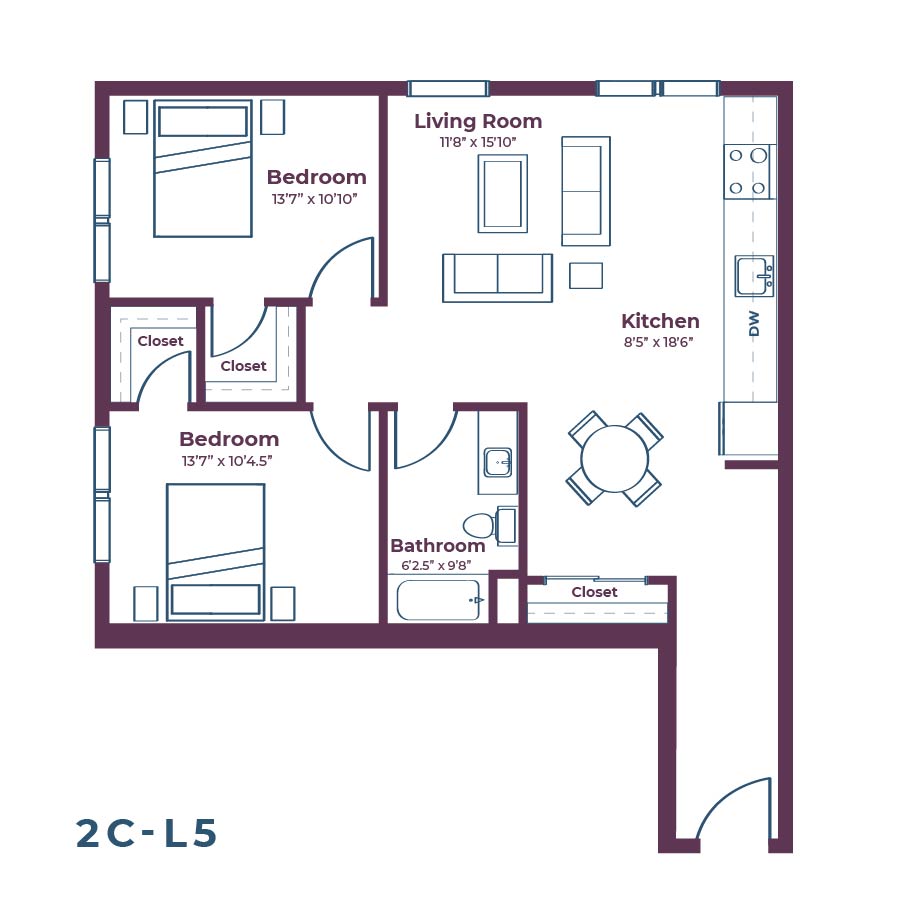 Rendering of the 2C-L5 floor plan with 2 bedroom[s] and 1 bathroom[s] at Notable