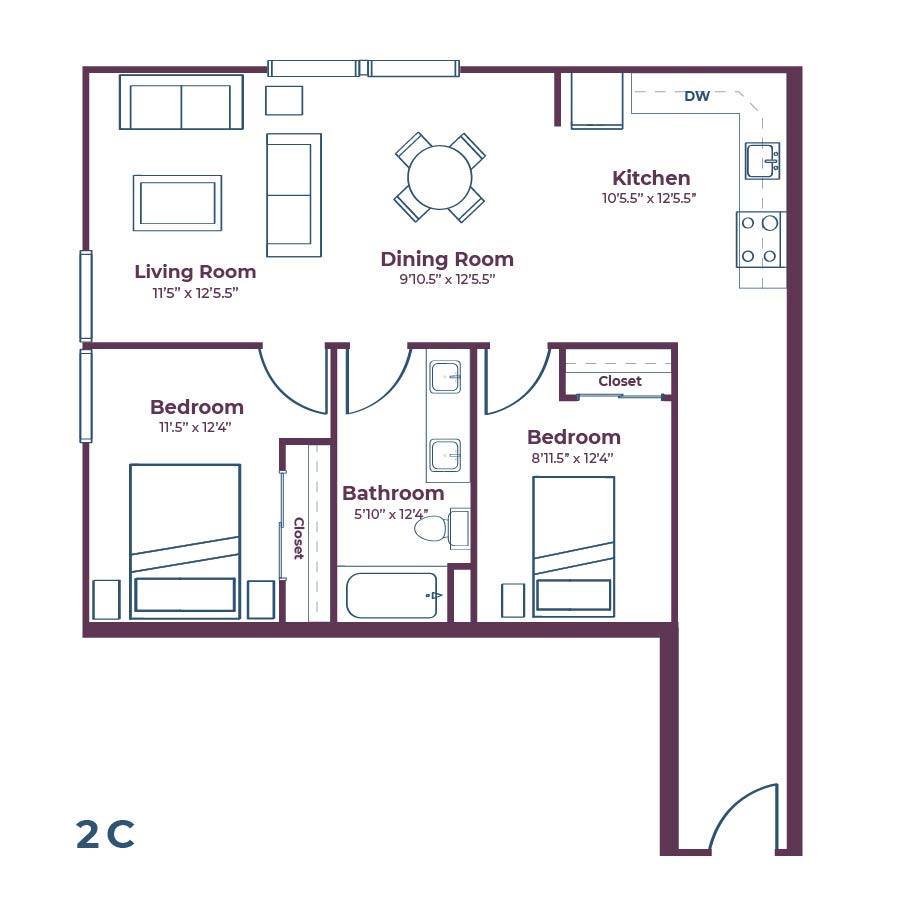 Rendering of the 2C floor plan with 2 bedroom[s] and 1 bathroom[s] at Notable