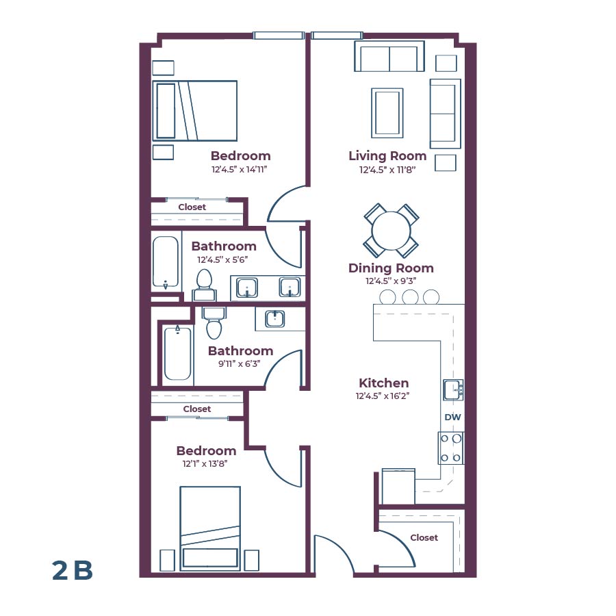 Rendering of the 2B floor plan with 2 bedroom[s] and 2 bathroom[s] at Notable